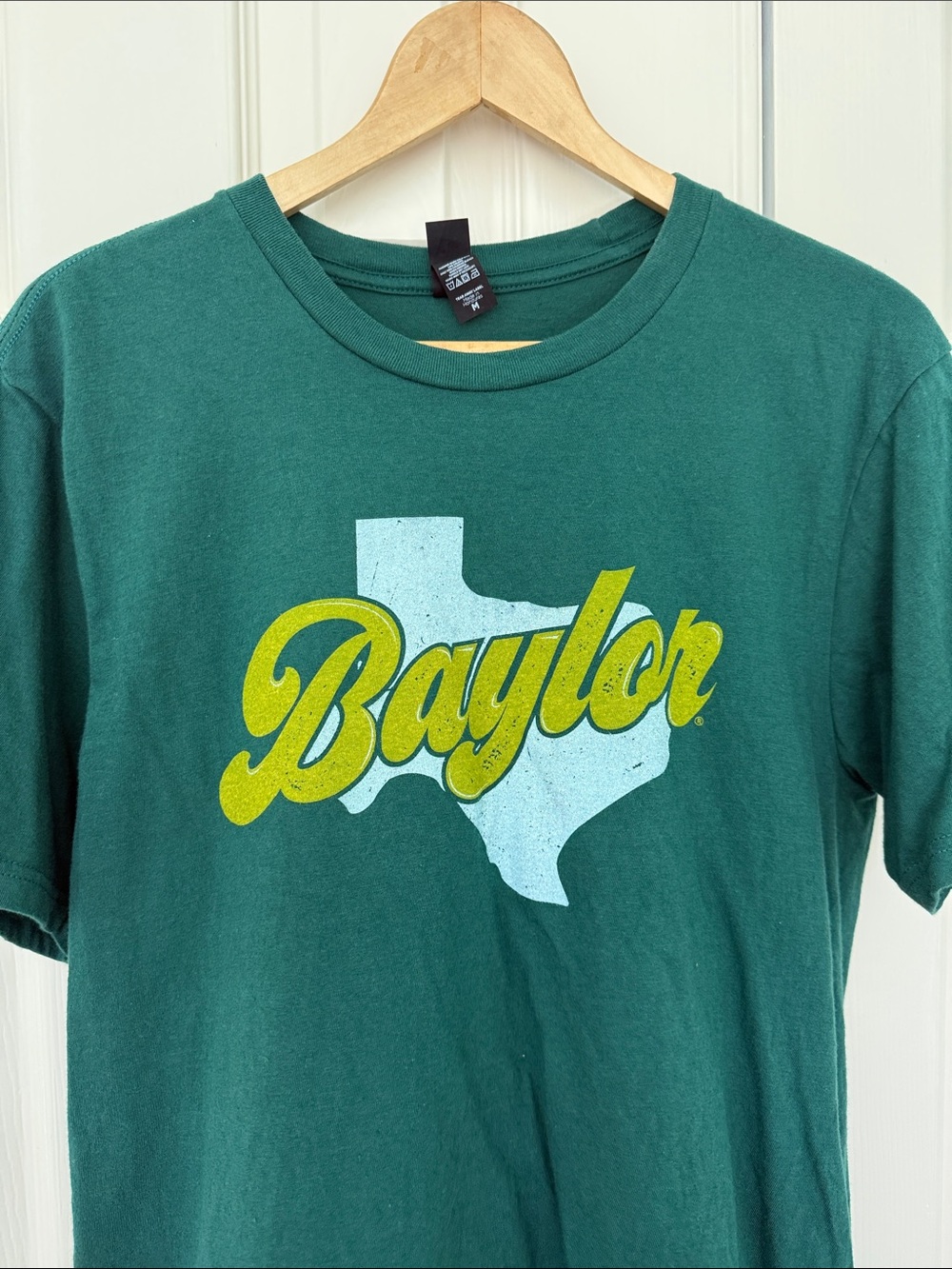 Green Baylor Graphic Tee with white Texas and Yellow Script